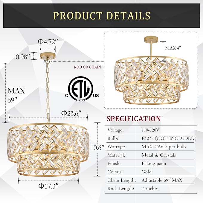 CATINER Gold Crystal Chandelier, 8-Light Drum Semi Flush Mount Ceiling Light, 24'' Luxury Brass Tone Pendant Fixture for Dining Room, Living Room, Kitchen, Foyer, Bedroom
