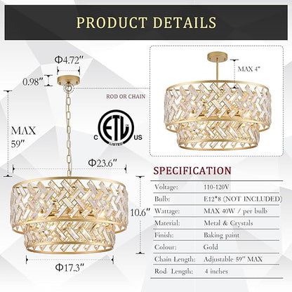 CATINER Gold Crystal Chandelier, 8-Light Drum Semi Flush Mount Ceiling Light, 24'' Luxury Brass Tone Pendant Fixture for Dining Room, Living Room, Kitchen, Foyer, Bedroom