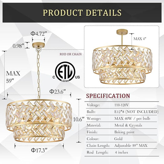 CATINER Gold Crystal Chandelier, 8-Light Drum Semi Flush Mount Ceiling Light, 24'' Luxury Brass Tone Pendant Fixture for Dining Room, Living Room, Kitchen, Foyer, Bedroom