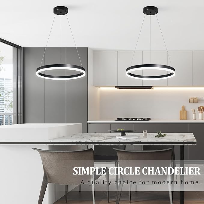 20" Modern Black Led Chandelier Ring Dimmable LED Chandeliers with Remote Control for Kitchen Island Height Adjustable Chandelier Led Pendant Light for Living Room Dining Room Bedroom Foyer