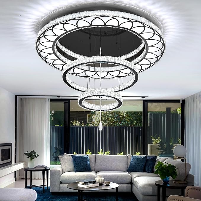 Flashing God Dia 32" Modern Crystal Chandelier Crystal Black Ceiling Light Fixtures LED Flush Mount Ceiling Light for Living Room Bedrooms Dining Room Dimmable 2700k 4500k 6000k