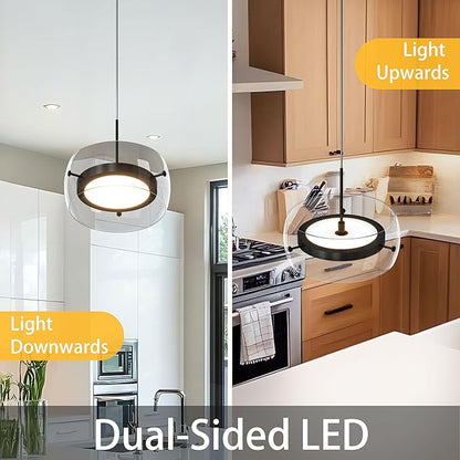 2-Pack Modern Pendant Lights Kitchen Island, Dual-Sided LED 3-CCT Dimmable Glass Hanging Lighting Fixture, Adjustable Cable for Dining Room, Bar, Over Table, Sloped Ceiling Matte Black