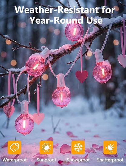 50Ft Valentine's Day Outdoor String Lights, G40 Valentines Day Decorations Lights with 27 LED Pink Shatterproof Bulbs(2 Spare), Hanging Globe Patio Lights for Outside Party Wedding Porch Backyard
