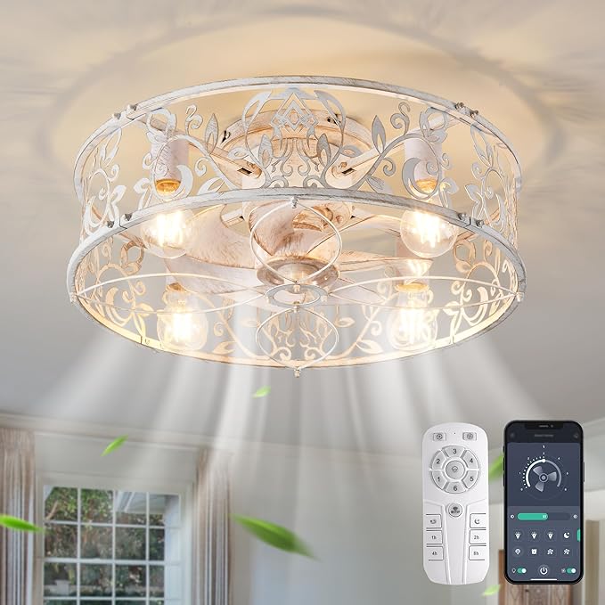 Garwarm 20" Caged Ceiling Fan With Light, Flush Mount Bladeless Fandelier With Remote, Small Low Profile for Bedroom, Kitchen, Dining Room, White Gold