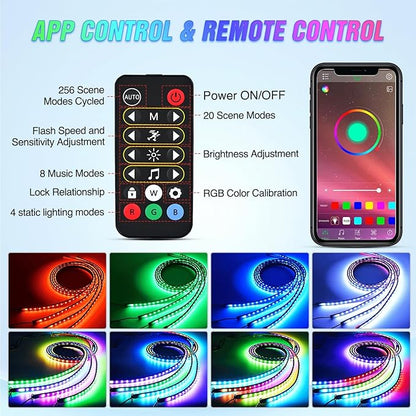 Nilight 4Pcs Car Underglow Neon Accent Strip Lights 256 LEDs RGBIC Multi Color DIY Sound Active Function Music Mode with APP Control and Remote Control Underbody Light Strips, 2 Years Warranty