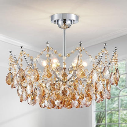 Crystal Ceiling Light Fixture, Modern Flush Mount Chandelier, 6-Lights Crystal Close to Ceiling Light, Chrome Hallway Light Fixtures for Bedroom Kitchen Entryway Bathroom Dining Room Living Room