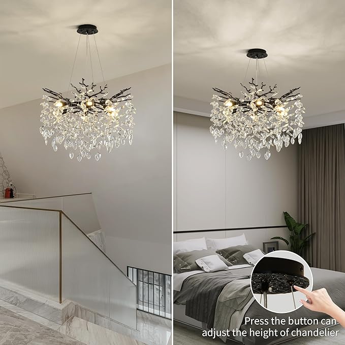 Modern Crystal Tree Branch Chandelier, Black Round Art Deco Pendant Light Raindrop Lighting Fixture for Dining Room Bedroom Foyer 6 Lights D18''