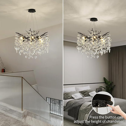 Modern Crystal Tree Branch Chandelier, Black Round Art Deco Pendant Light Raindrop Lighting Fixture for Dining Room Bedroom Foyer 6 Lights D18''