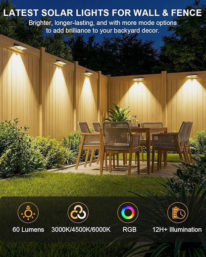 Solar Fence Lights Outdoor,3000/4500/6000K 13 Mode, 2 Pack Fence Lights Solar Powered with Ultra-Bright Lens IP65 Waterproof,Solar Wall Light for Backyard/Step/Patio/Deck/Stair/Railings