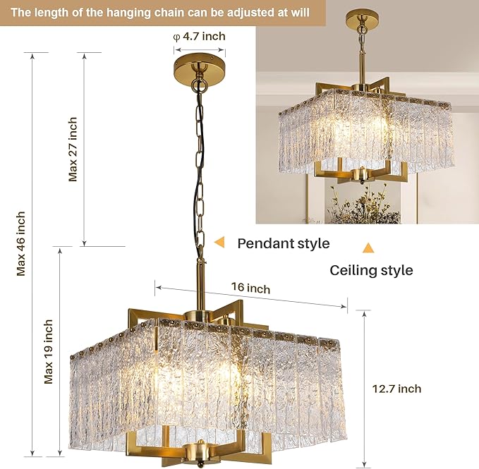 Modern Crystal Chandelier,16" Gold Chandeliers for Dining Room with Water Ripple Glass, Adjustable Height, 4-Light Square Pendant Light Fixture for Kitchen Island Entryway Foyer Hallway