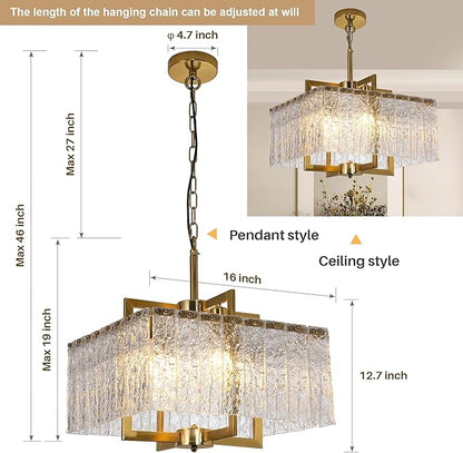 Modern Crystal Chandelier,16" Gold Chandeliers for Dining Room with Water Ripple Glass, Adjustable Height, 4-Light Square Pendant Light Fixture for Kitchen Island Entryway Foyer Hallway