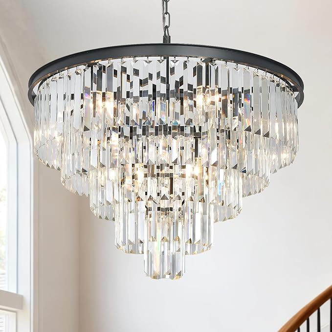Black Crystal Chandeliers for Dining Room, 27.6" Modern Luxury Chandelier 5-Tier 10 Lights Contemporary Top K9 High Ceiling Pendant Light Fixture for Staircase Dining Living Room Foyer