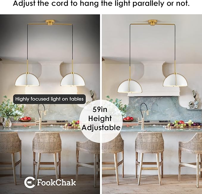 Contemporary White Gold Pendant Light Over Table 2-Light Nordic White Ceiling Pendant Light Fixture 36" Metal Dome Kitchen Island Light with Adjustable Cord for Dining Room