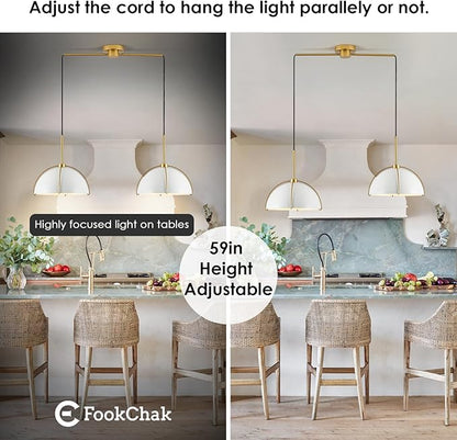 Contemporary White Gold Pendant Light Over Table 2-Light Nordic White Ceiling Pendant Light Fixture 36" Metal Dome Kitchen Island Light with Adjustable Cord for Dining Room