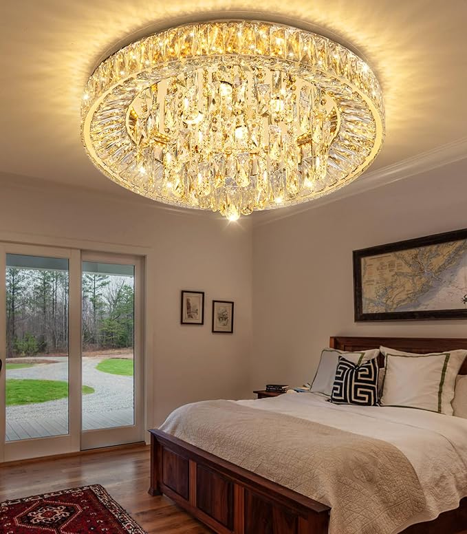 23.6" Modern Crystal Chandeliers LED Dimmable Flush Mount Ceiling Chandeliers for Living Room Entrance Foyer Bedroom Gold
