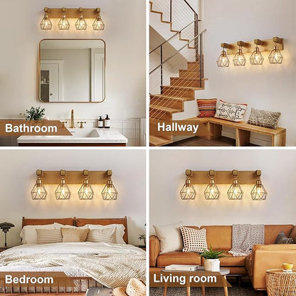 Farmhouse Bathroom Light Fixtures, 4-Light Gold Bathroom Vanity Light, Rustic Matte Antique Brass Finish with Metal Lampshade, Wall Sconces for Bedroom, Living Room, Hallway