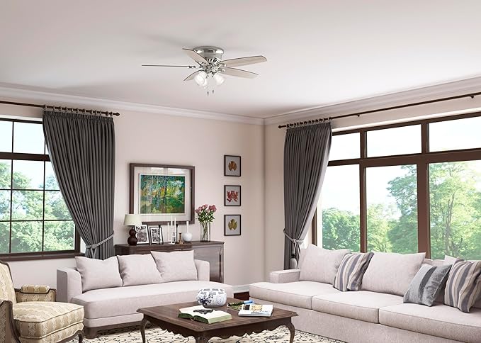 Hunter 52 inch Indoor Ceiling Fan with LED Lights - Ceiling Fan with Pull Chain, For Bedroom, Living Room, or Kitchen, Low Profile Flush Mount, No Remote, 5 Blades - Builder 51112, Brushed Nickel