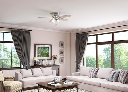 Hunter 52 inch Indoor Ceiling Fan with LED Lights - Ceiling Fan with Pull Chain, For Bedroom, Living Room, or Kitchen, Low Profile Flush Mount, No Remote, 5 Blades - Builder 51112, Brushed Nickel