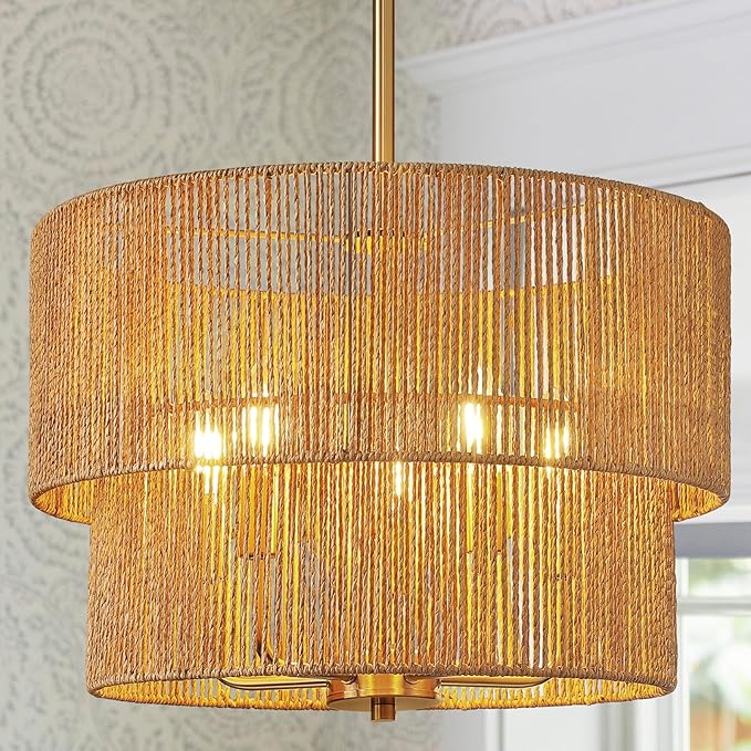 RUIYEY Rattan Chandelier Light Fixtures: 18 inch Boho Pendant Lights with Wicker Lampshade, E12 5 Light Height Adjustable Hand Woven Hanging Chandeliers for Dining Room Kitchen Farmhouse Living Room