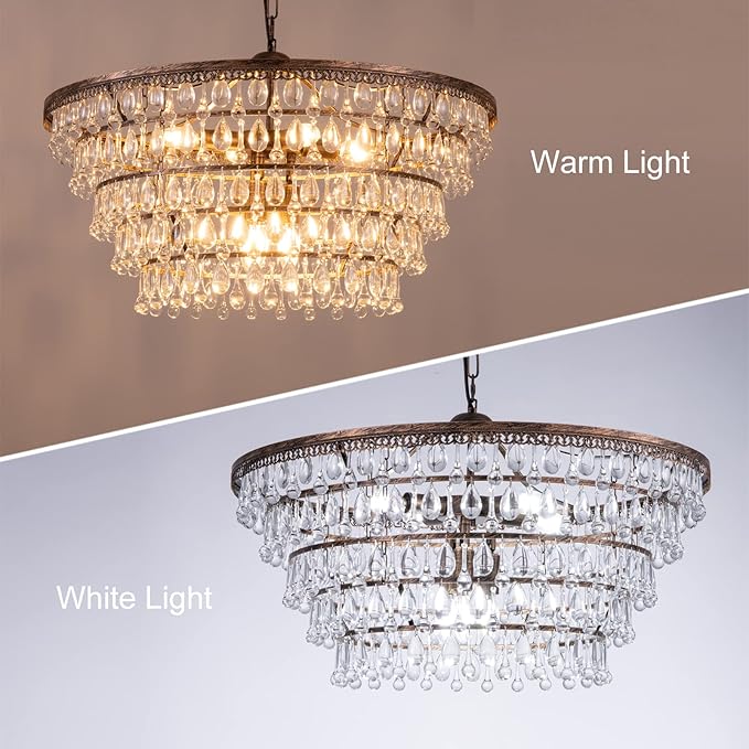 Wellmet Crystal Chandelier Farmhouse 5 Tiers Crystal Light Fixtures Hanging Modern Bronze Ceiling Pendant Light, Chandeliers for Dining Room, Kitchen Island, Bedroom, Foyer, Entryway, Bar, W28-inch
