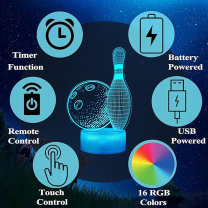 Bowling Night Light, Bowling Gifts 3D Illusion Lamp with 16 Colors Changing, Timer, 4 Flash Modes and Dimmable, Kids Boys Girls Room Decoration, Holiday Xmas Gifts