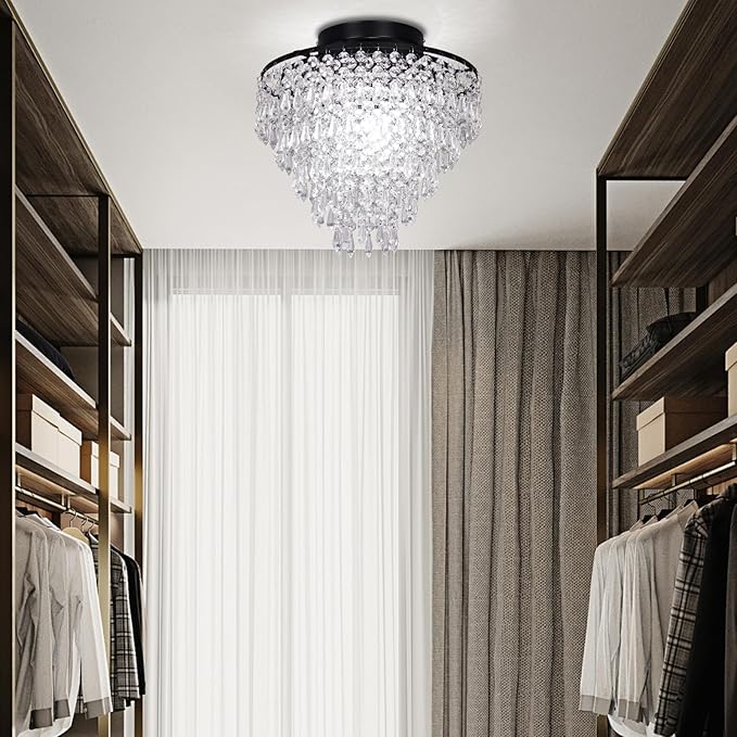 FRIXCHUR 11.8" Small Crystal Chandelier Light Fixture Mini Crystal Ceiling Light 5 Tiers Raindrops Black Chandeliers for Bedroom Hallway Closet, E26 Base