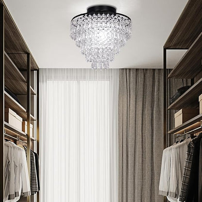 FRIXCHUR 11.8" Small Crystal Chandelier Light Fixture Mini Crystal Ceiling Light 5 Tiers Raindrops Black Chandeliers for Bedroom Hallway Closet, E26 Base