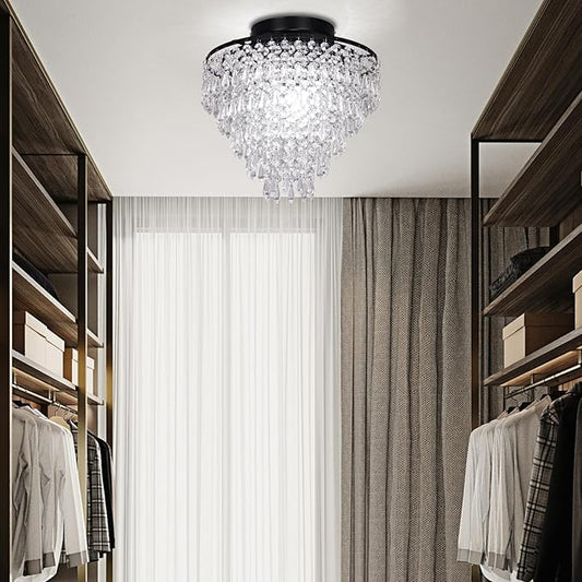 FRIXCHUR 11.8" Small Crystal Chandelier Light Fixture Mini Crystal Ceiling Light 5 Tiers Raindrops Black Chandeliers for Bedroom Hallway Closet, E26 Base