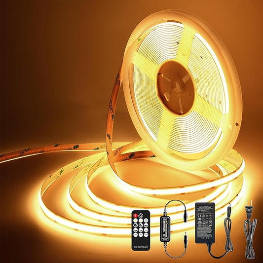 Pandery LED Strip Lights 32.8FT,Dimmable cob led Strip with Adapter and Remote,Superbright 24V led Tape,CRI90+,2700K Warm White led Strips,Indoor Perfect for Cabinet,Room,Kitchen,TV,Mirror