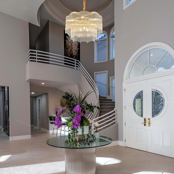 22.83" Gold Clear Glass Crystal Chandelier 8-Light Modern Crystal Pendant Ceiling Light Fixture 2-Tier Luxury Glass Chandeliers,for Dining Room Kitchen Island Living Room Bedroom