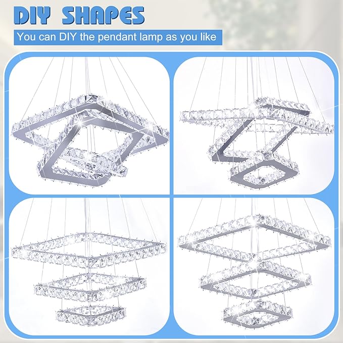 Crystal Chandeliers Modern LED 3 Ring Chandelier Adjustable Ceiling Light Fixtures Pendant Lighting Stainless Steel Hanging Lights for Living Room Dining Room Bathroom Bedroom, Cold White (Square)