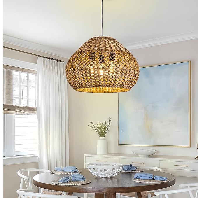 19in Large Rattan Chandelier 3-Lights Boho Hand Woven Wicker Dining Room Lighting Fixtures Farmhouse Round Rattan Pendant Light for Living Room Bedroom Kitchen Island Restaurant Bar