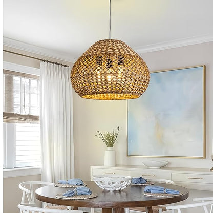 19in Large Rattan Chandelier 3-Lights Boho Hand Woven Wicker Dining Room Lighting Fixtures Farmhouse Round Rattan Pendant Light for Living Room Bedroom Kitchen Island Restaurant Bar