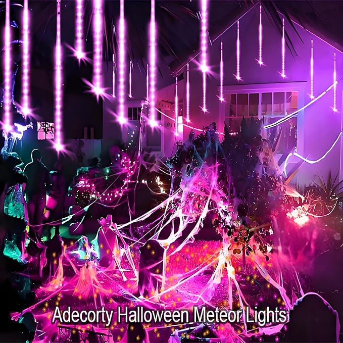 Adecorty Halloween Lights Outdoor, Purple Halloween Decorations Meteor Shower Light Christmas Lights Outdoor 8 Tubes 192 LED Falling Rain Dripping Icicle Light for Xmas Christmas Decor Party,UL Plug