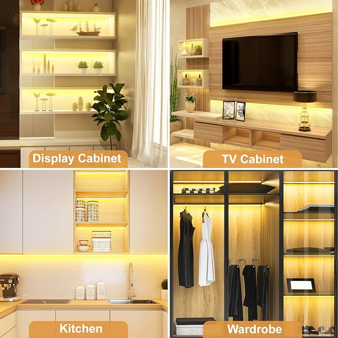 JUSJUBR LED Shelf Lights, 16.4ft Dimmable Cuttable COB LED Strip Lights, Warm White 3000K, Under Shelf Lighting for Bookshelf, Display Cabinet, Closet, Kitchen and Pantry