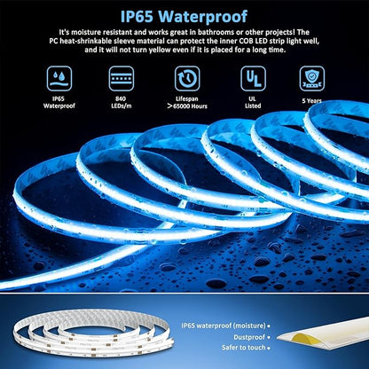 PAUTIX RGB COB LED Strip Light IP65 Waterproof,UL Listed 24V Color Changing Flexible Tape Lights 16.4ft/5m Multicolor,for TV,Bedroom,Bathroom,Party DIY Decoration(Adapter&Controller Not Included)