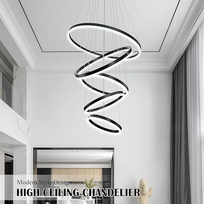 5 Rings Pendant Lights Modern Black Led Chandelier Black Modern Led Pendant Light Dimmable Height Adjustable Chandeliers for Dining Room Bedroom Entryway Living Room Foyer (3000K-6000K)