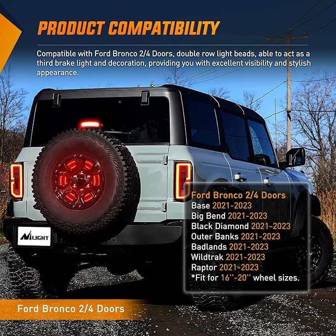 Nilight Spare Tire Brake Light Red Double Row LED Ring 3rd Third Stop Rear Wheel Lights Plug and Play Fit for 2021 2022 2023 Ford Bronco 2/4 Doors