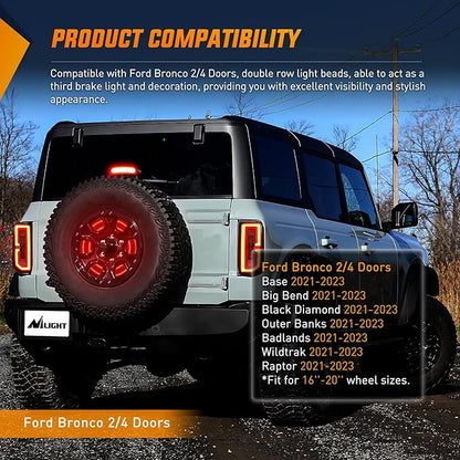 Nilight Spare Tire Brake Light Red Double Row LED Ring 3rd Third Stop Rear Wheel Lights Plug and Play Fit for 2021 2022 2023 Ford Bronco 2/4 Doors