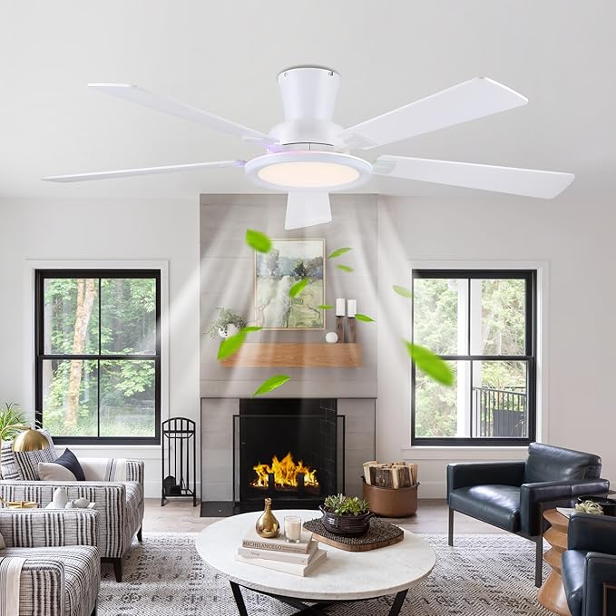 Ayaoty White Ceiling Fan with Light Flush Mount - 52in Low Profile Ceiling Fan with RGB Light and 5 Reversible Fan Blades, LED 3CCT Dimmable, Modern Indoor Fan Light for Bedroom, Party, White