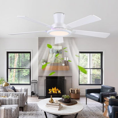 Ayaoty White Ceiling Fan with Light Flush Mount - 52in Low Profile Ceiling Fan with RGB Light and 5 Reversible Fan Blades, LED 3CCT Dimmable, Modern Indoor Fan Light for Bedroom, Party, White