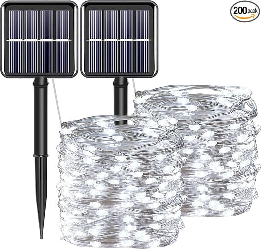 Solar Fairy String Lights for Outside, Outdoor Waterproof, Cool White 2Pack Total 200LED 66Ft 8 Modes Mini Mini Small Solar Powered Lights for Christmas, Garden, Patio, Fence, Balcony