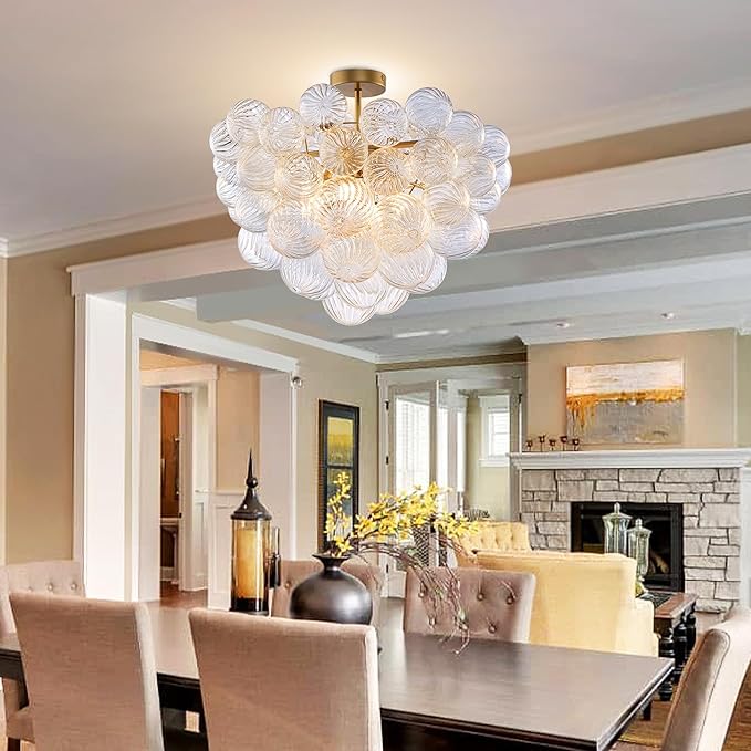 Bubble Ball Semi Flush Mount Ceiling Light Fixture, 20" Bubble Chandelier, Modern Hand Blown Glass Chandelier for Bedroom, Living Room, Dining Room (20" Gold Ceiling Light)