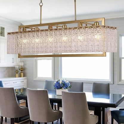 42" Gold Crystal Modern Chandelier for Dining Room, Chandeliers with Water Ripple Glass, Adjustable Chain Length,Luxury Rectangular Pendant Light Fixture for Kitchen Island Living Room