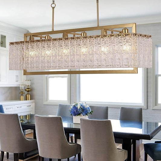 42" Gold Crystal Modern Chandelier for Dining Room, Chandeliers with Water Ripple Glass, Adjustable Chain Length,Luxury Rectangular Pendant Light Fixture for Kitchen Island Living Room