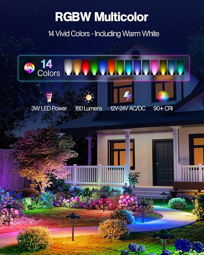HIBOITEC 6-Pack RGBW Low Voltage Pathway Lights 3W 12-24V LED Landscape Lighting Outdoor Color Changing Landscape Lights Aluminum Waterproof Path Lighting for Walkway Yard Garden