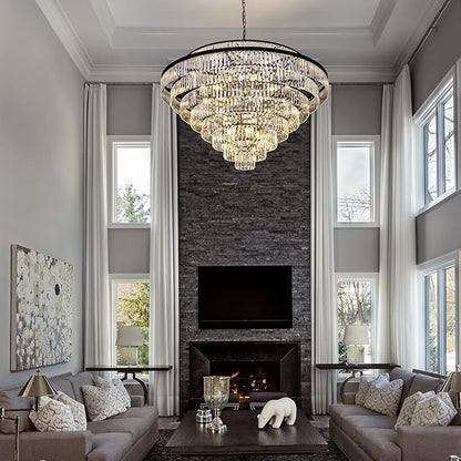 Wellmet Large Crystal Chandelier, 48’’ Black Farmhouse Chandelier, 9 Tier Luxury Crystal Pendant Light, for Living Room, Entryway, Dining Room, Hallway, Restaurant