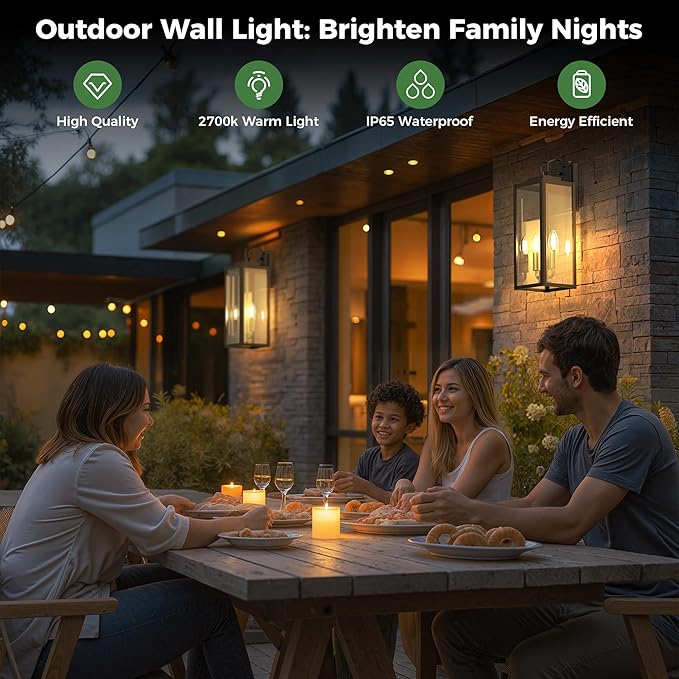 DORESshop 18" Dusk to Dawn Outdoor Wall Lights, 2-Light Black & Gold Outdoor Wall Sconce Lantern with Clear Glass, Tall Transitional Exterior Light Fixtures for Porch, Garage, ETL Listed, 2 Pack
