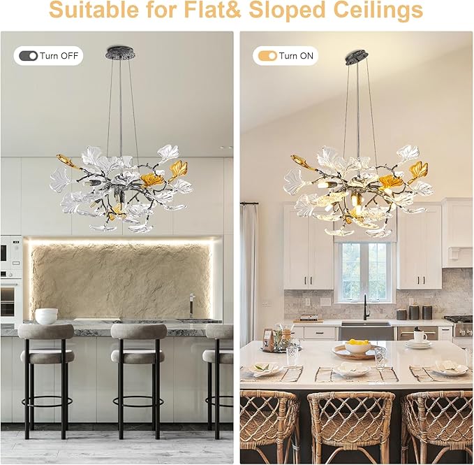AioTio Black Modern Chandeliers for Dining Room, D21.6'' Round Tree Branch Glass Ginkgo Leaf Farmhouse Chandelier,Silver Art Deco Ceiling Hanging Chandelier for Living Room,Entryway,Foyer,Kitchen