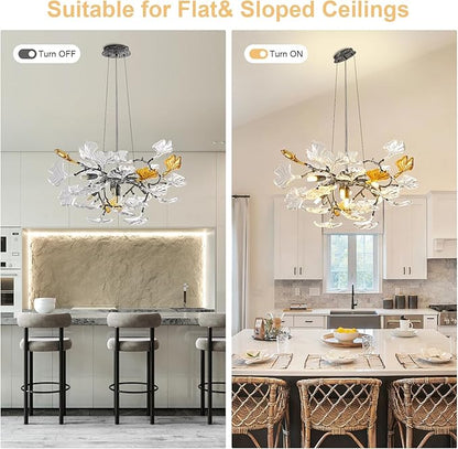 AioTio Black Modern Chandeliers for Dining Room, D21.6'' Round Tree Branch Glass Ginkgo Leaf Farmhouse Chandelier,Silver Art Deco Ceiling Hanging Chandelier for Living Room,Entryway,Foyer,Kitchen